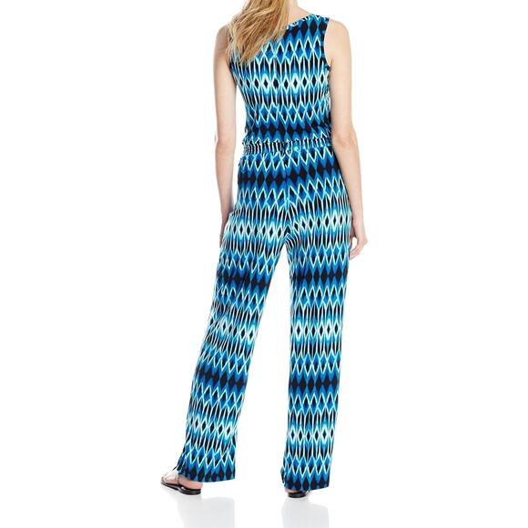 Calvin Klein Scoop Neck Printed Jumpsuit Black Blue White Sleeveless Sz 14 - Picture 2 of 7